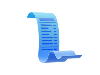 3D illustration of payment confirmation bill isolated on white background. Paper check document. Shopping receipt with list of purchased goods or services. Financial transaction invoice or bank