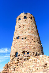 Naklejka premium Desert View Watchtower at Grand Canyon. Blue sky. Looking up