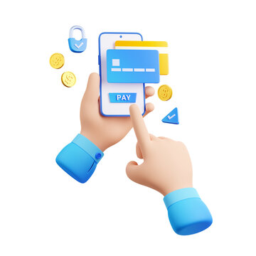 3D illustration of hand making cashless payment from smartphone. Character using mobile banking app on gadget, finger pushing pay button on screen, inserting security code, transferring money online