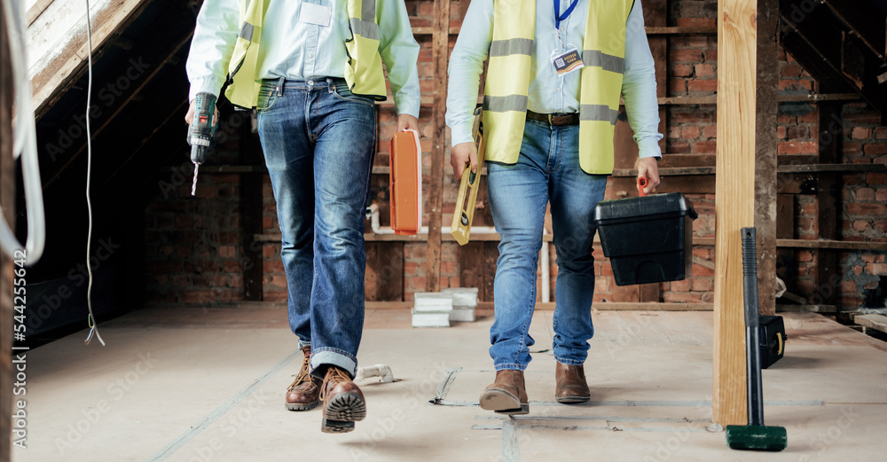 Aufkleber Walking, construction and teamwork with an engineer and designer working on a building site. Industry, developer and collaboration with a construction worker and engineering professional at work