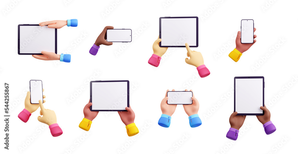 Poster 3d render set of hands with gadget mockups isolated on white background. people scrolling smartphone