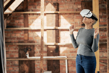 Virtual reality, metaverse and construction with a woman designer planning a home improvement with technology. Future, ai and 3d with a female architect using a vr headset on a building site