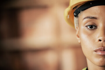 Portrait, face and construction worker with vision, goal and target for building development,...