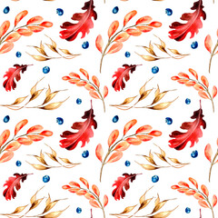 Bright autumn red leaves and spikelet watercolor seamless pattern on white.