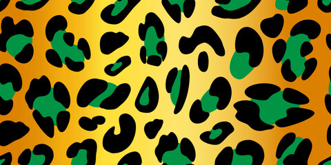 Fototapeta na wymiar Leopard texture on a golden background. Animalistic seamless pattern. Vector hand-drawn illustration. 
