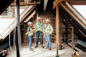 Construction team, home renovation and planning or innovation for maintenance and contractor project. Architect, teamwork and strategy meeting on building project or property for architecture