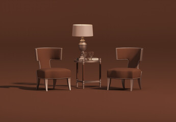 Luxury armchair on brown and beige background. Advertisement idea. Creative composition. Aristocratic interior. Autumn season. 3d render
