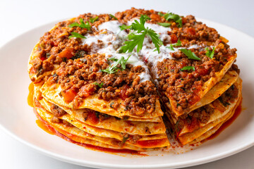 Turkish Food Kayseri Yaglama with Minced Meat, Yogurt and Tomato Paste