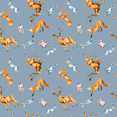 Wild animals, hare, fox, owl, deer watercolor seamless pattern isolated on blue.