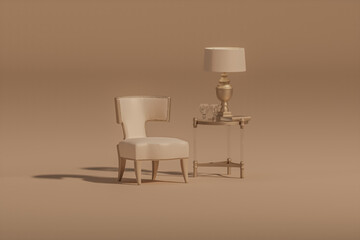 Luxury armchair on brown and beige background. Advertisement idea. Creative composition. Aristocratic interior. Autumn season. 3d render
