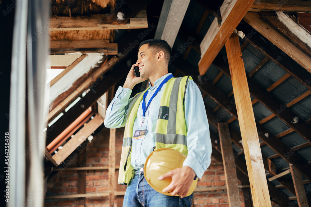 Poster architect, phone call and man talking on smartphone at construction site for building project. engin