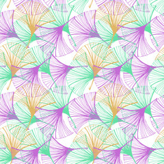 A seamless pattern of multicolored ginkgo leaves, hand-drawn in sketch style. Leaves at different angles and in different colors on a white background. Shape of leaves in the form of a duck's foot.