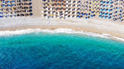 Aerial birds eye view photo Rhodes island town Elli beach a popular summer tourism, Dodecanese, Aegean, Greece. Drone photo.