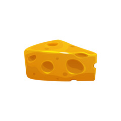 Cartoon Maasdam, Dutch and Swiss cheese. Parmesan, Camembert or fresh Emmental, Cheddar hard cheese triangle piece, isolated food and vector milk dairy product wedge with holes