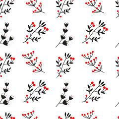 Vector floral seamless pattern with red berries.Floral pattern on white background.