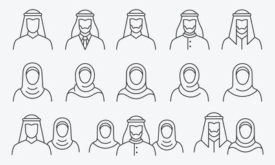 Arabic man and woman icons set. Editable stroke. Vector illustration.