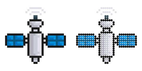 Pixel icon. Satellite fly and transmit communication signal. Satellite communication and GPS navigation. Simple retro game vector isolated on white background