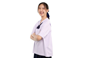 Happy braces Asian student girl in school uniform arm crossed. PNG file format transparent background.