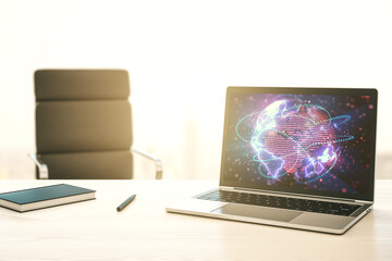 Abstract digital world map with connections on modern computer monitor, big data and blockchain concept. 3D Rendering