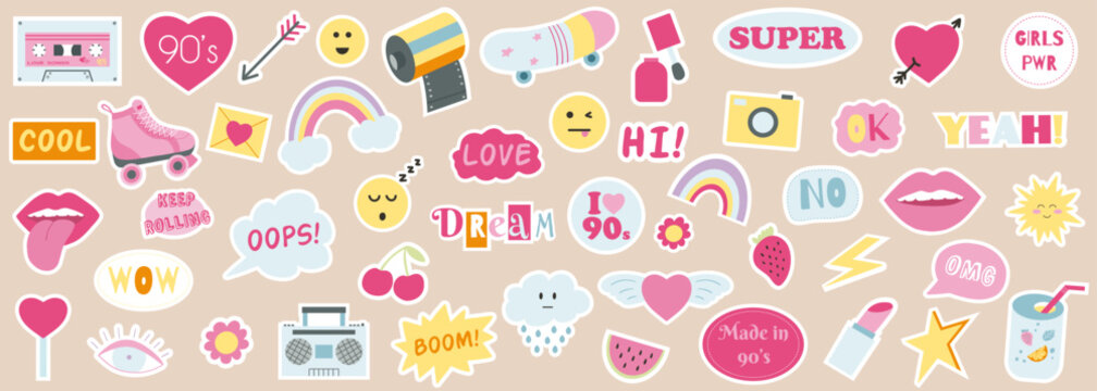 Naklejka Fashion collection of 90s girly stickers. Vector illustration of hand drawn patches, pins in pink color. Nostalgia 1990