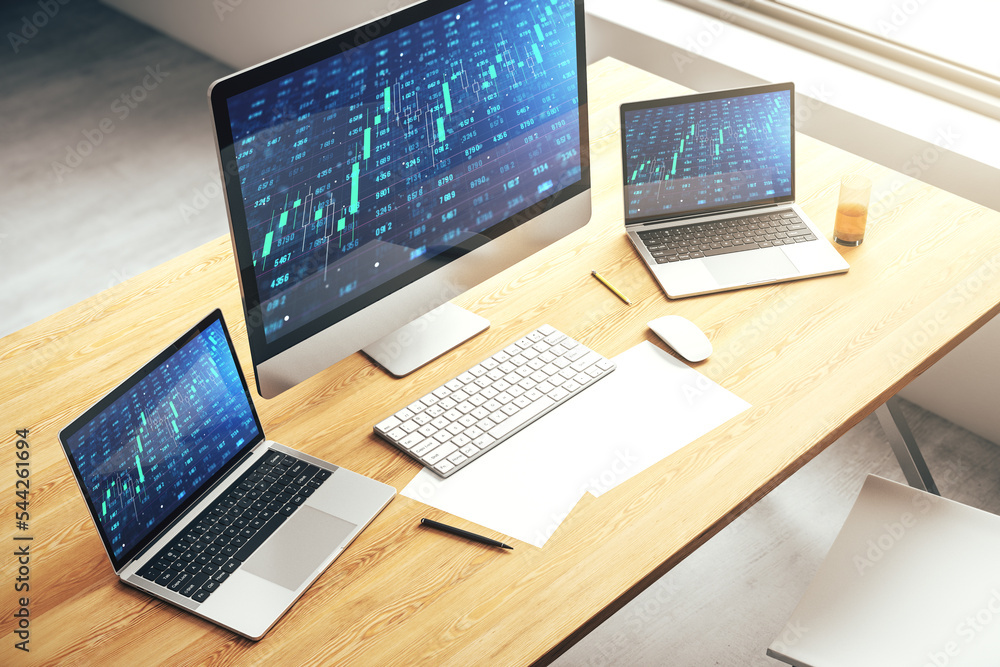 Poster abstract creative stats data concept on modern laptop screen. 3d rendering