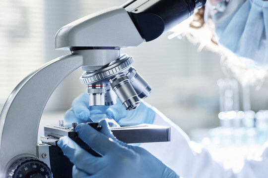 Gloved hands of young modern scientist preparing all the necessary equipment before carrying out new clinical experiment