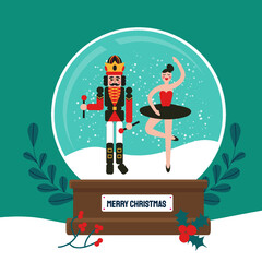 Merry christmas glass ball with Nutcracker and Clara Girl Ballerina at snow. Doll guard. Cute soldier toy. December Ballet party. Creative Merry Xmas invitation. Happy New Year. Winter holidays.