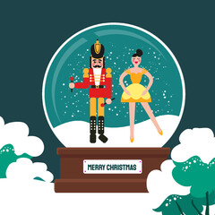 Merry christmas glass ball with Nutcracker and Clara Girl Ballerina at snow. Doll guard. Cute soldier toy. December Ballet party. Creative Merry Xmas invitation. Happy New Year. Winter holidays.