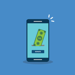 Donate, donation concept. Dollar bill and donate button on a mobile phone. Vector illustration.