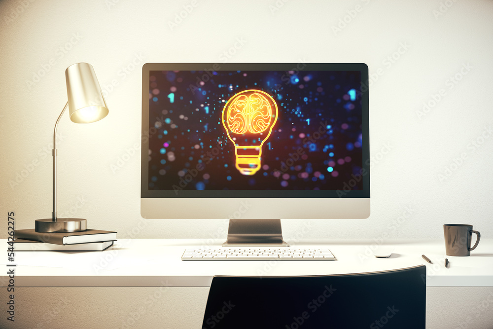 Aufkleber Modern computer monitor with creative light bulb hologram with human brain, idea and brainstorming concept. 3D Rendering