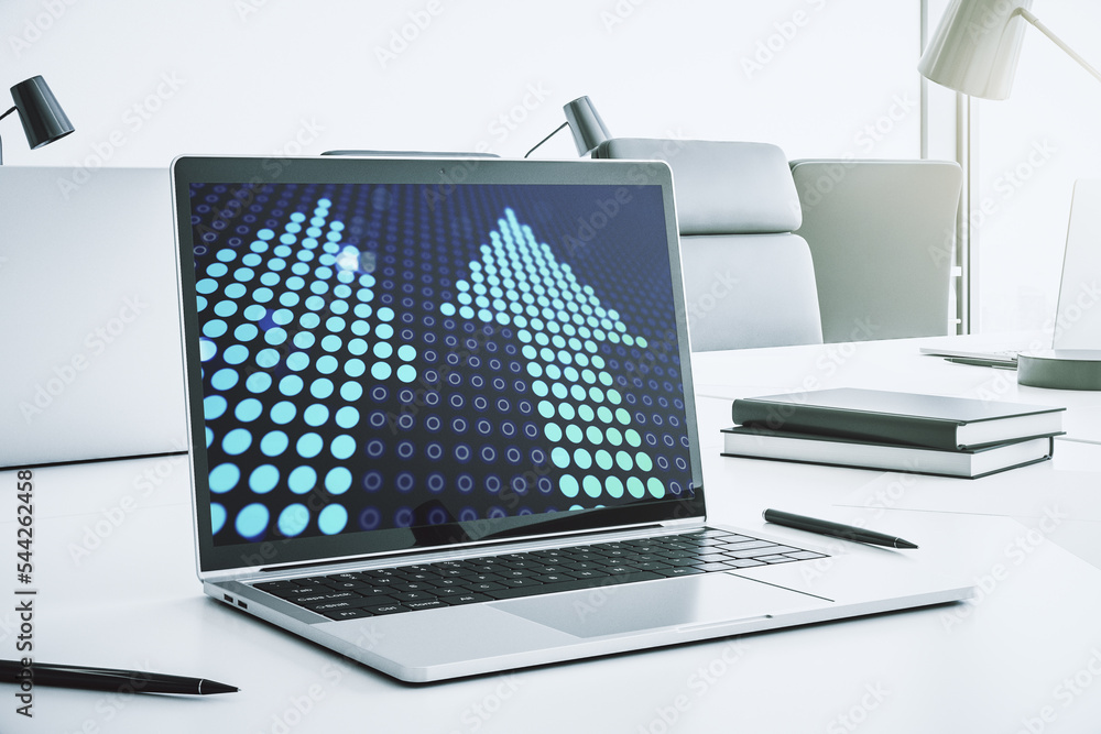 Poster creative abstract upward arrows hologram on modern computer monitor, leadership and motivation conce