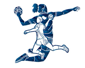 Group of Handball Female Players Mix Action Cartoon Sport Graphic Vector
