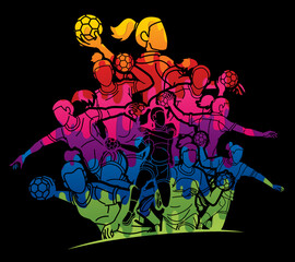 Group of Handball Female Players Mix Action Cartoon Sport Graphic Vector