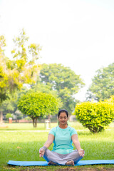 Beautiful indian woman doing yoga exercise in the park.