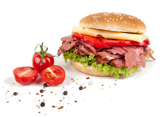 Italian pastrami sandwich isolated on a white background