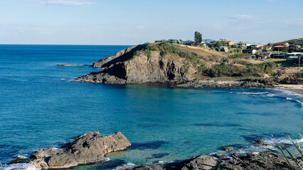 Beautiful sheltered bay and rocky headlands.