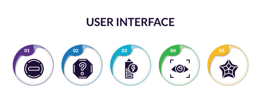 set of user interface filled icons with infographic template. flat icons such as rounded delete button with minus, help web button, battery loaded, eye close up visibility button, pointed star