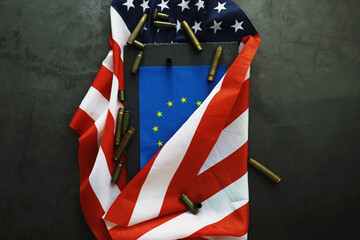 American flag on a gray background. Military background with bullets. USA and EU collective west.