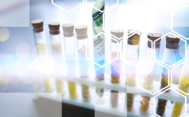 Research Analyzing Agricultural Grains And seeds In The Laboratory. Background with futuristic flare.