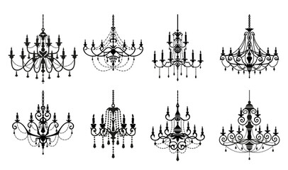 Chandelier silhouettes, home vintage illumination and light equipment. Retro ceiling lamp vector silhouette, antique luster or elegant luxury chandeliers with candles, bulbs and crystal decor - obrazy, fototapety, plakaty