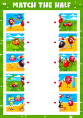 Match the half game. Cartoon berry characters on summer vacation. Child quiz or connect piece game vector worksheet, kids puzzle with strawberry, raspberry, blackberry and rosehip, cherry, cowberry