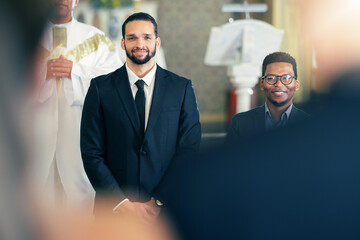 Wedding, marriage and groom waiting at the altar for bride walking down aisle in church. Getting married, romance and man standing at wedding ceremony looking at partner with affection, care and love