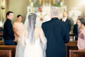Wedding, event and father with bride at chapel for celebration, faith and marriage ceremony. Happy,...