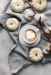 White pumpkins, coffee and cotton flowers