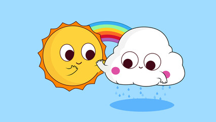 Characters of sun and cloud holding hands with each other