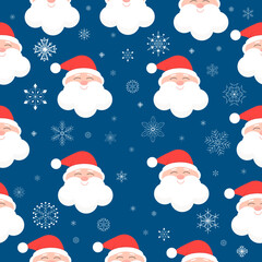 Seamless pattern with smiling Santa on dark blue background with snowflakes.