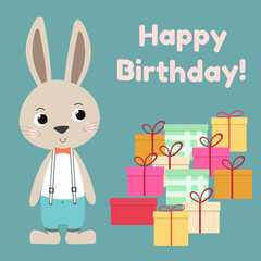 Birthday card with cute bunny in costume, gifts and text Happy Birthday on blue background