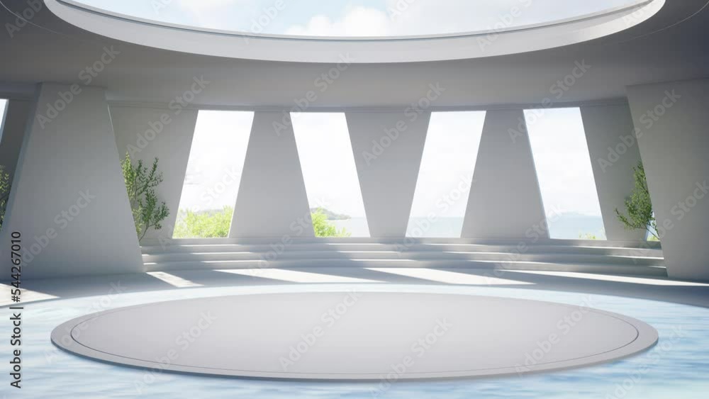 Poster empty round concrete podium floor and water in pool. 3d rendering of abstract interior space with se
