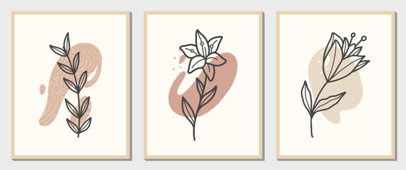 Fototapeta na wymiar Set of flowers Line art with abstract shape in a modern trendy style. Vector for Beauty Concept, t-Shirt Print, postcard, poster ,wallpaper
