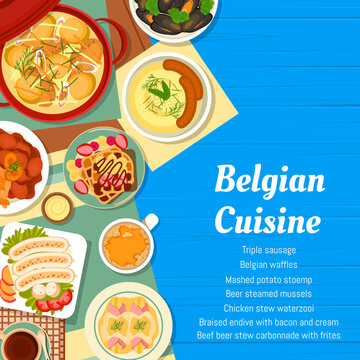 Belgian cuisine menu cover with Belgium food meals, vector restaurant dishes. Traditional Belgian food lunch or dinner meals beef beer stew carbonnade with frites, Belgian waffles and triple sausage